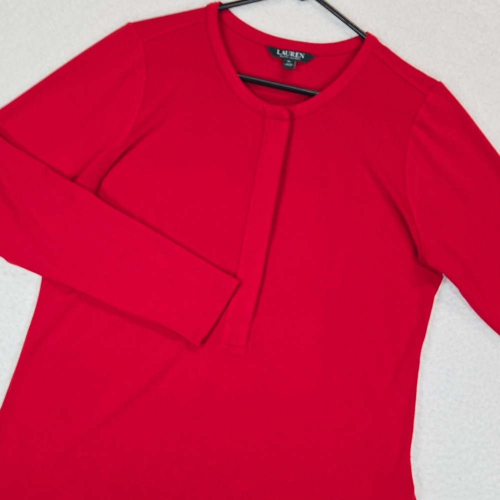 Lauren Ralph Lauren LP Red Tunic Blouse Hidden Button Front Petite Career Wear